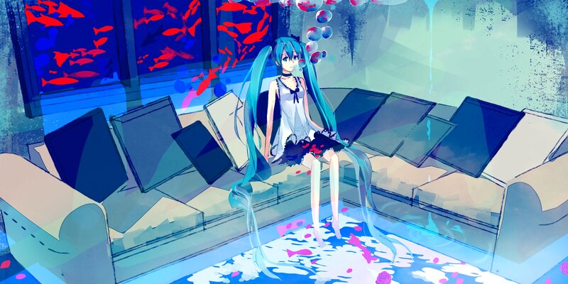 Blue-haired Girl Sitting — Blue, Dreamy, Digital Art