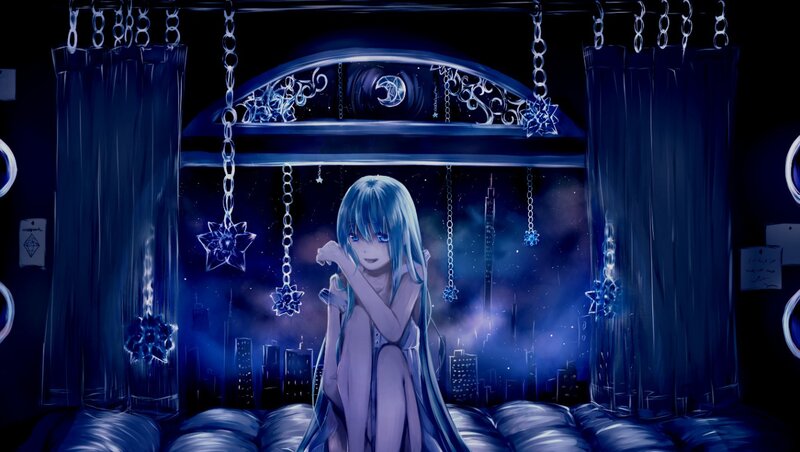 Blue-haired Girl Sitting — Blue, Dreamy, Night