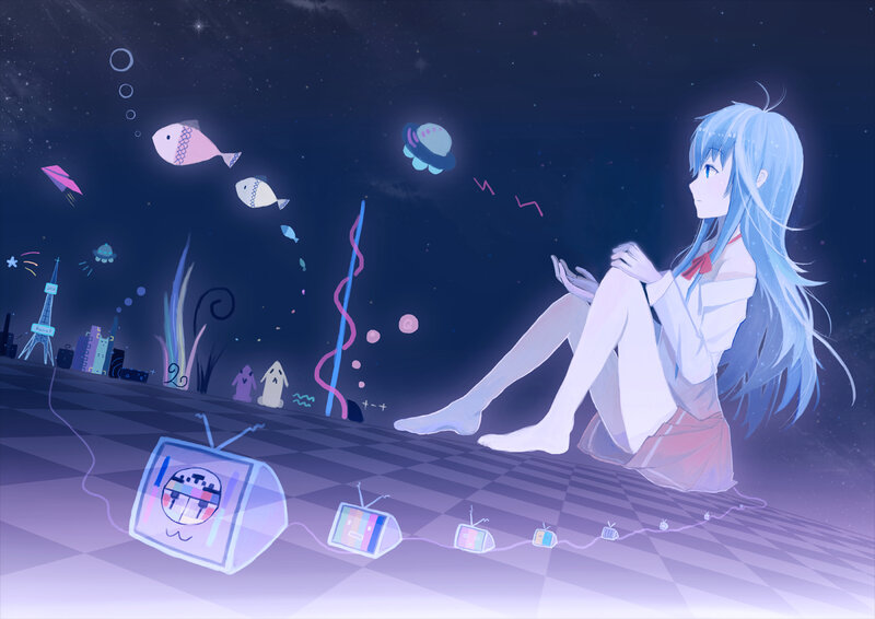 Blue-haired Girl Sitting — Blue, Dreamy