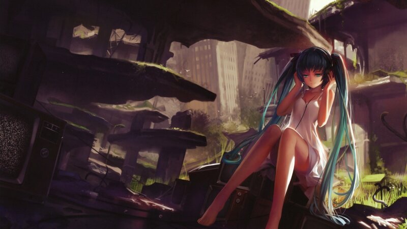 Blue-haired Girl Sitting — Blue, Melancholic, Afternoon, Digital Art