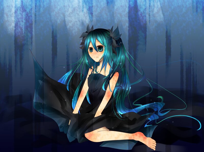 Blue-haired Girl Sitting — Blue, Melancholic