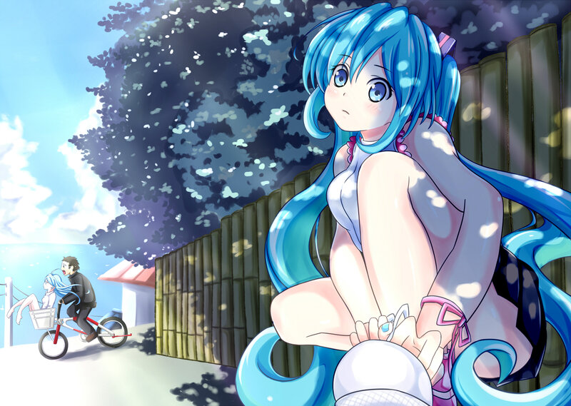Blue-haired Girl Sitting — Blue, Serene, Afternoon, Anime, Bicycle