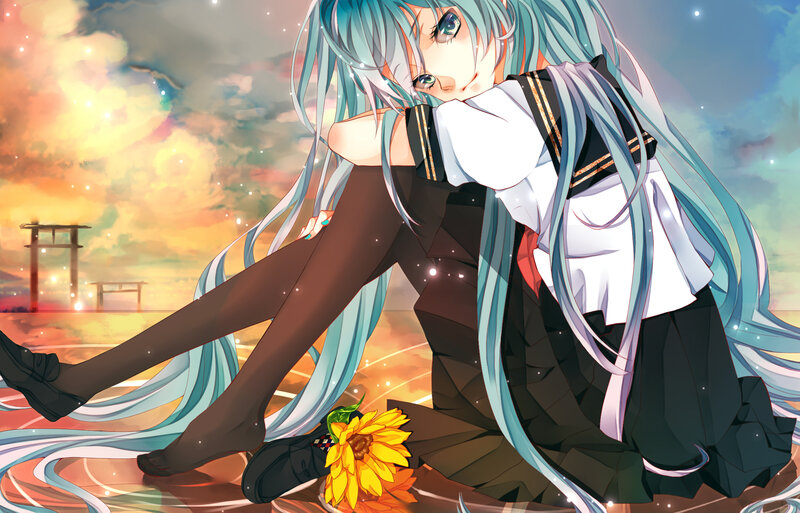 Blue-haired Girl Sitting — Blue, Serene, Sunset