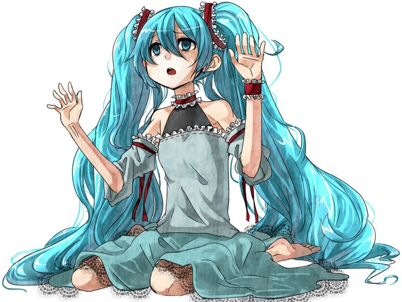 Blue-haired Girl Sitting — Blue, Surprised