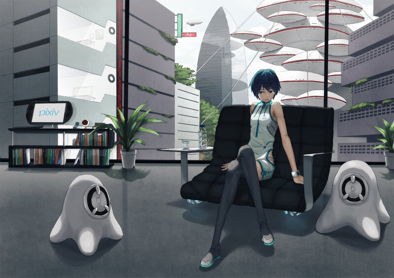 Blue-haired Girl Sitting — Gray