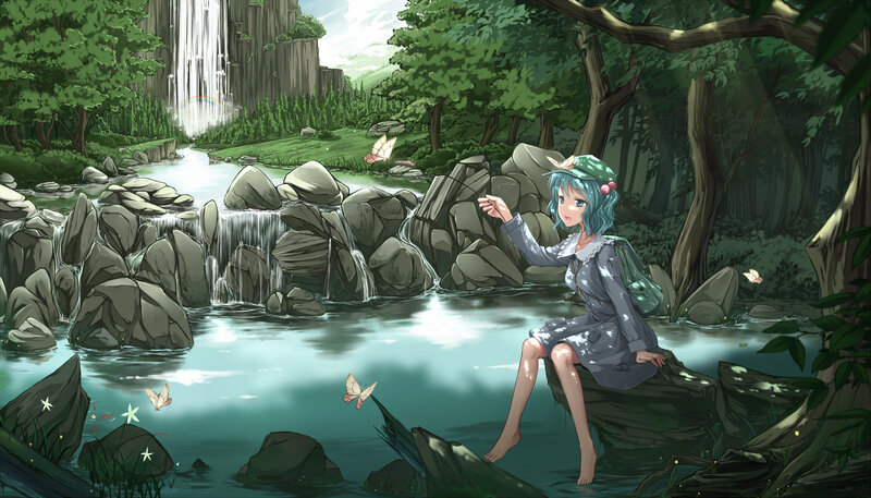 Blue-haired Girl Sitting — Green, Serene, Afternoon, Anime