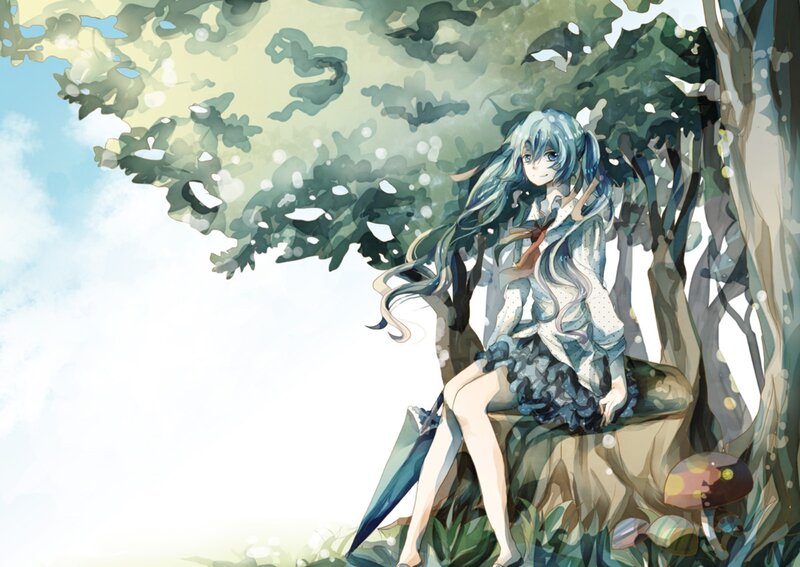 Blue-haired Girl Sitting — Green, Serene