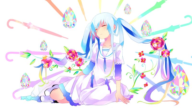 Blue-haired Girl Sitting — White, Dreamy