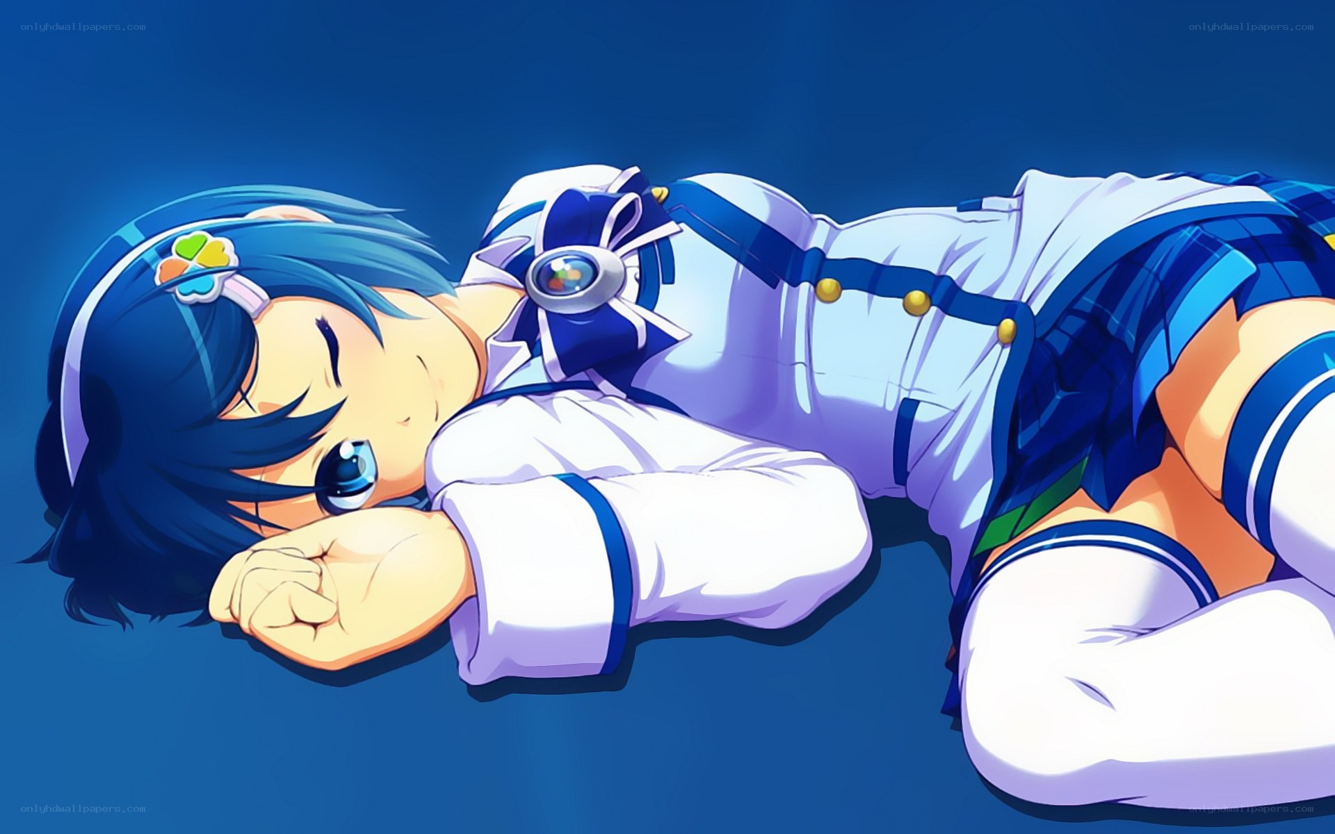 blue-haired girl sleeping