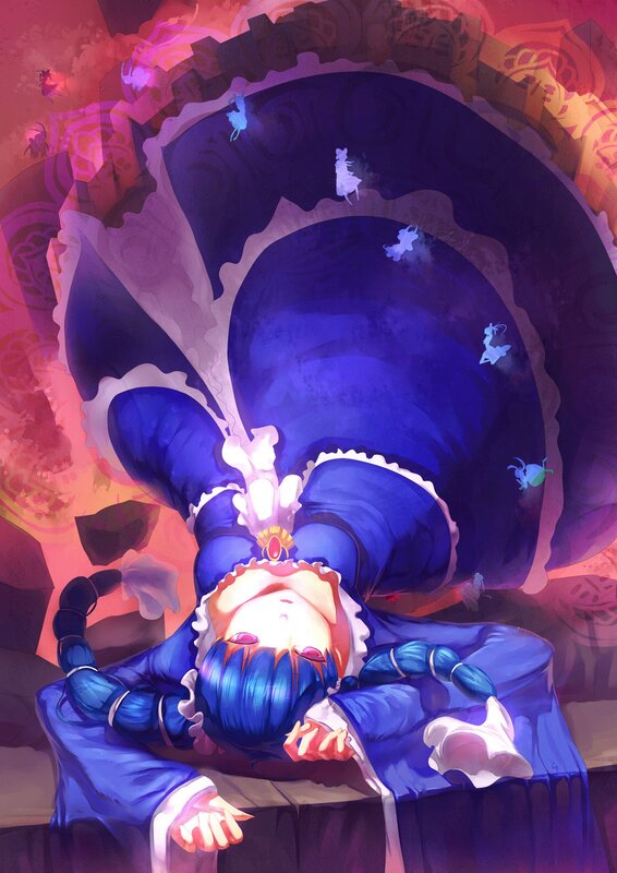 blue-haired girl sleeping in a cave