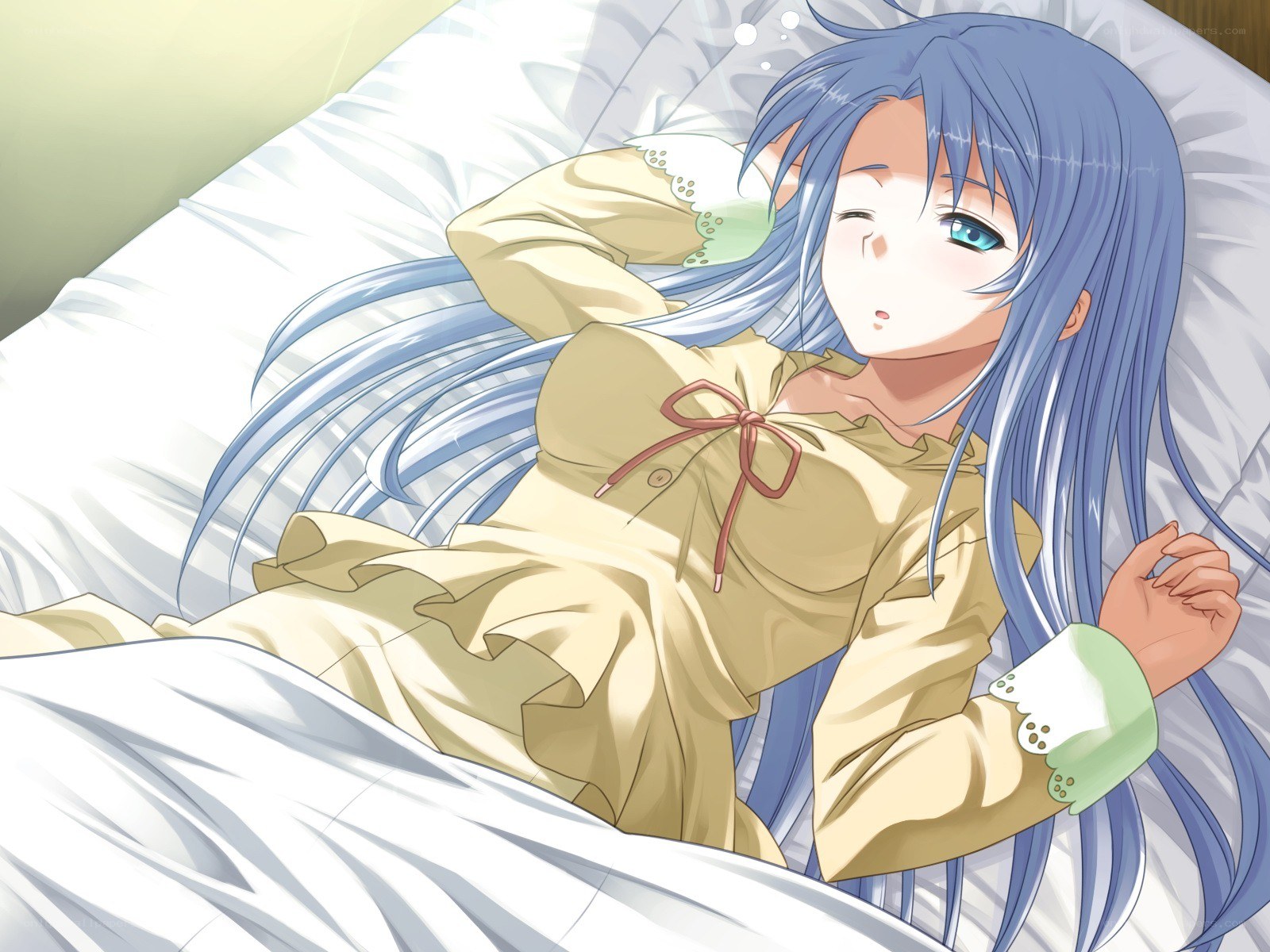 blue-haired girl sleeping in bed