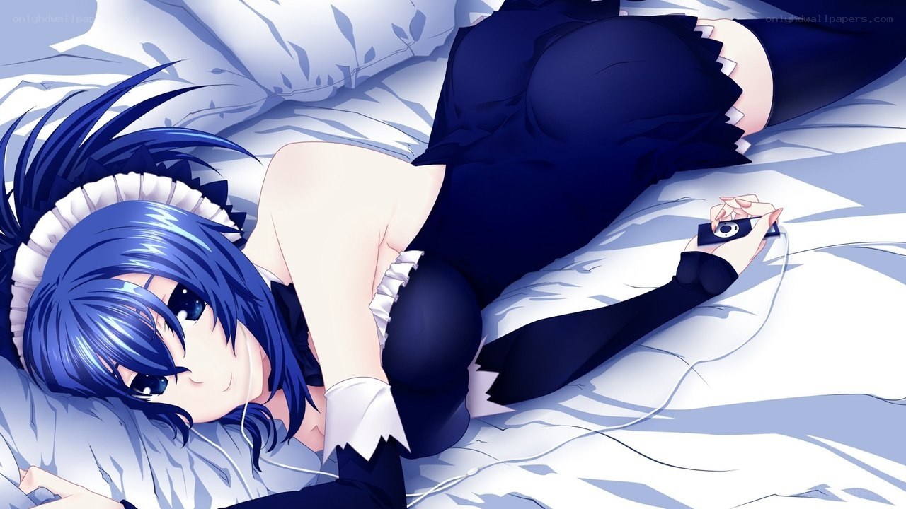 blue-haired girl sleeping on bed