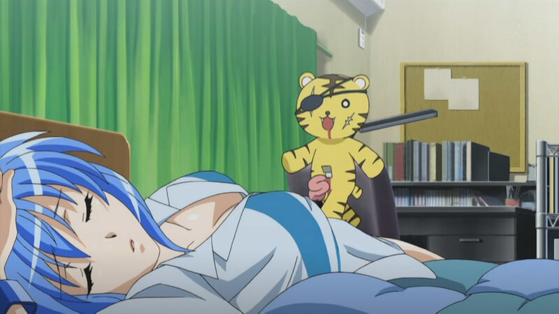 Blue-haired girl sleeping with tiger toy