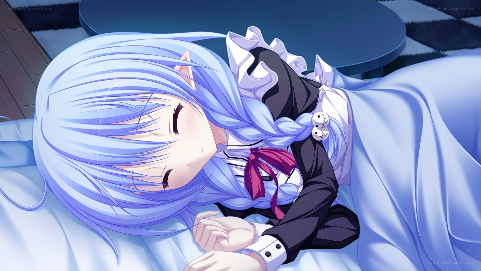 blue-haired girl sleeping