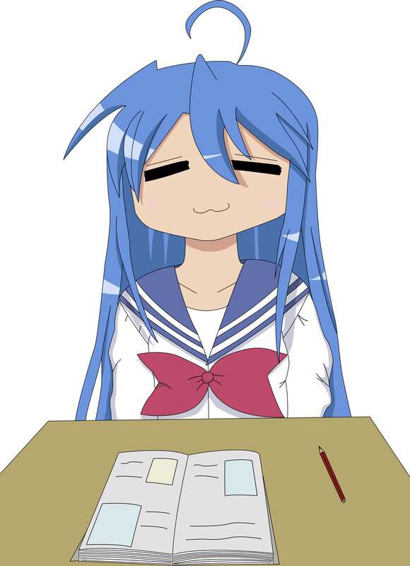 blue-haired girl studying