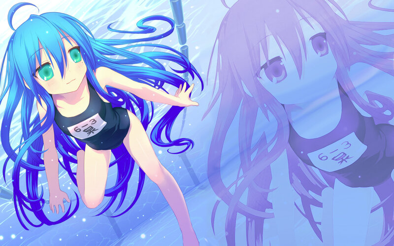 Blue-haired girl swimming underwater