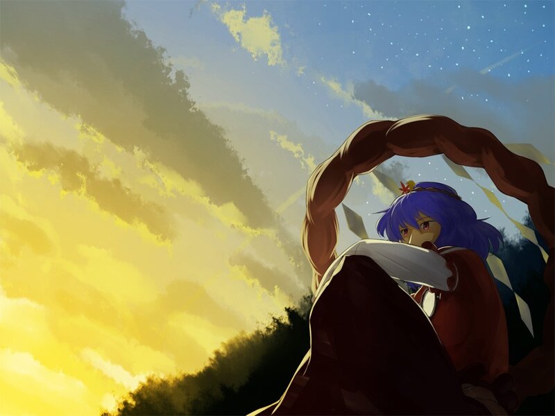 blue-haired girl under arch