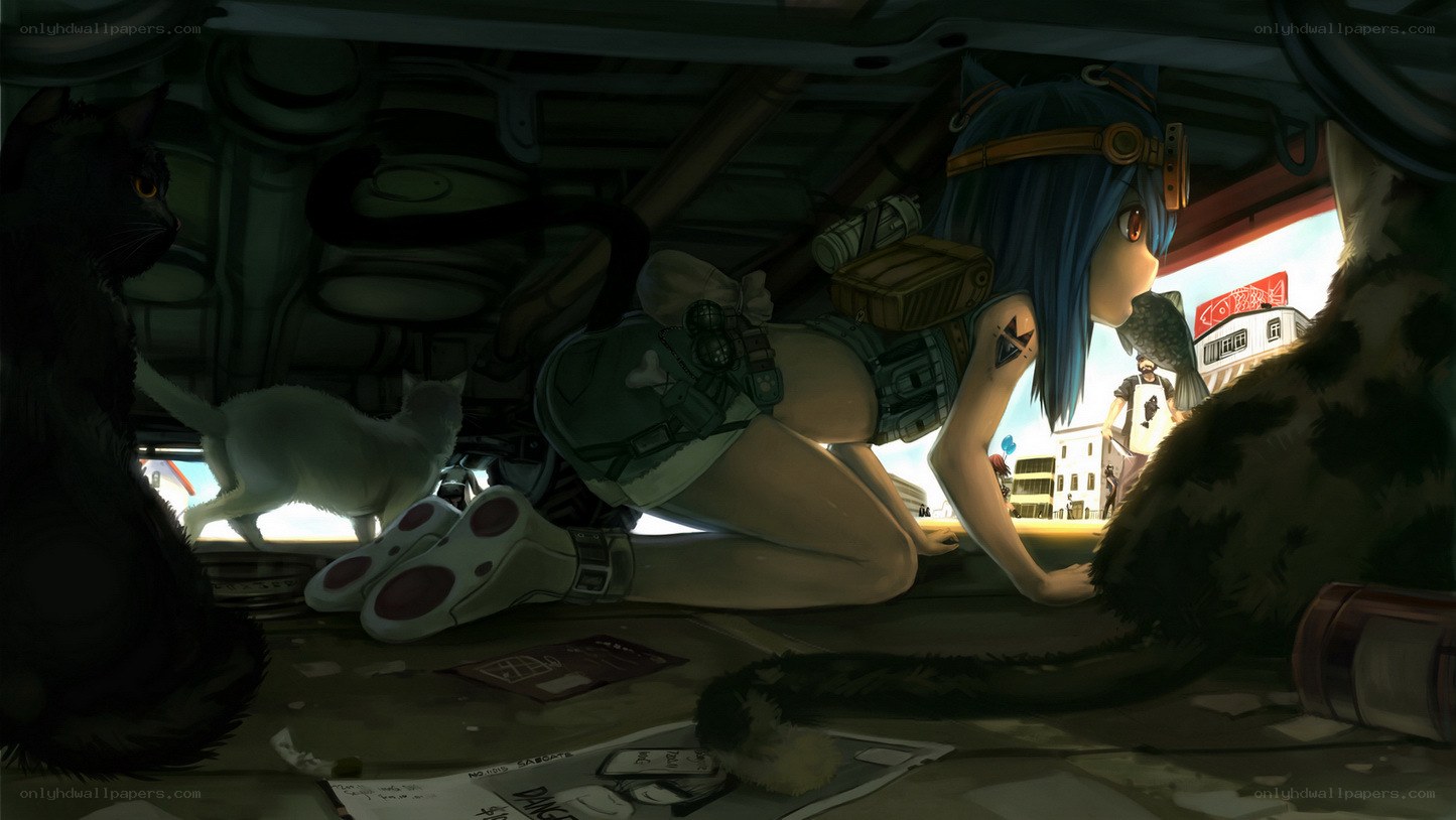 Blue-haired girl under car