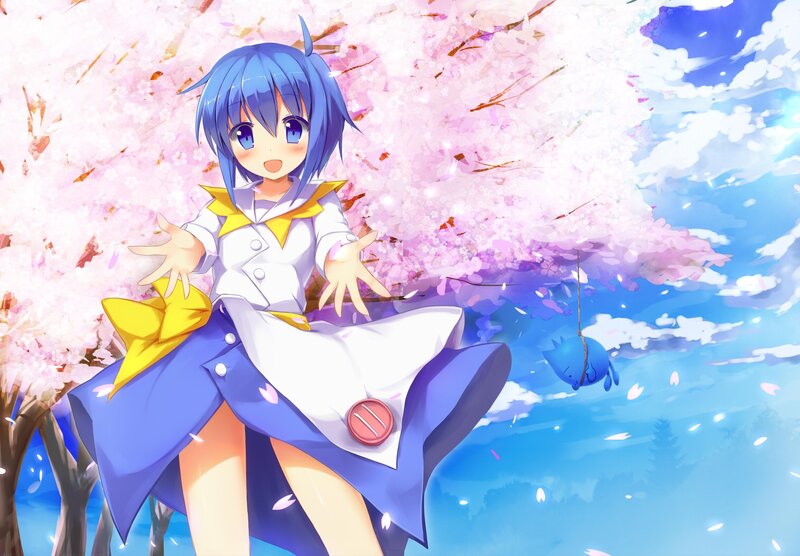 blue-haired girl under cherry blossoms