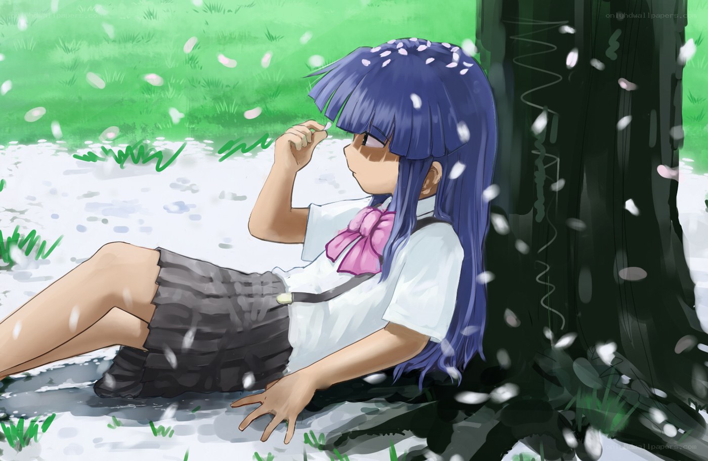 Blue-haired girl under cherry blossoms