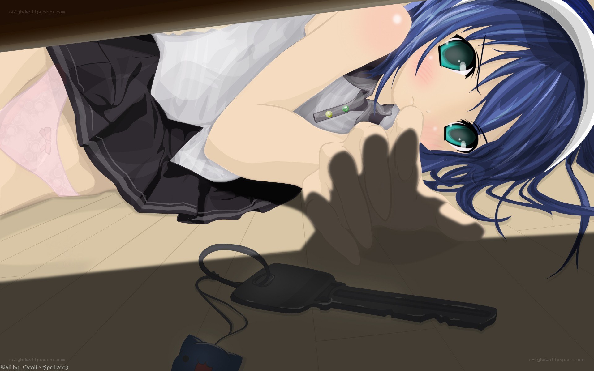blue-haired girl under desk