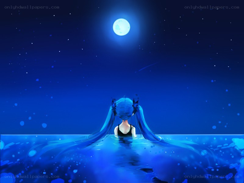 blue-haired girl under moonlight