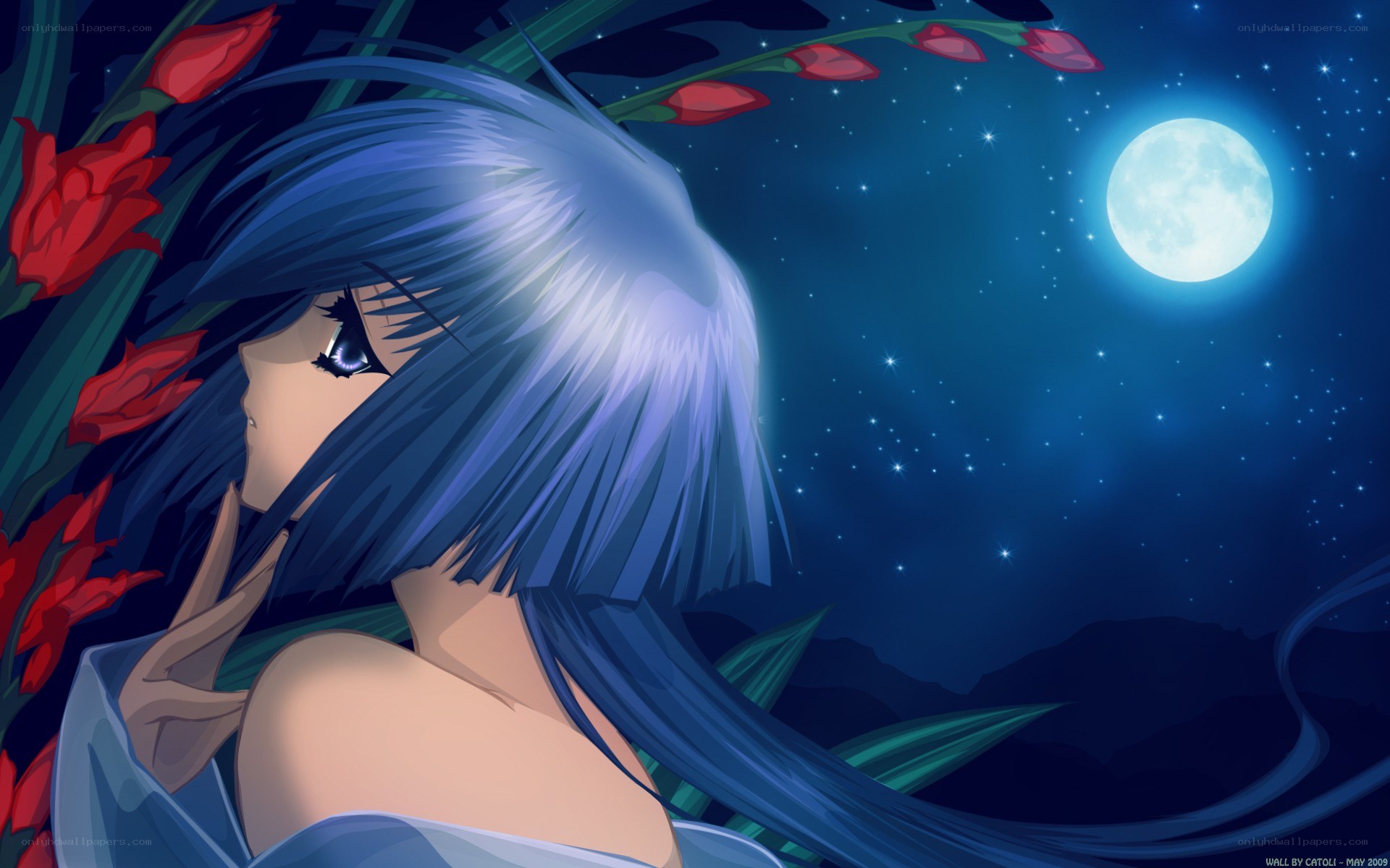 Blue-haired girl under moonlight