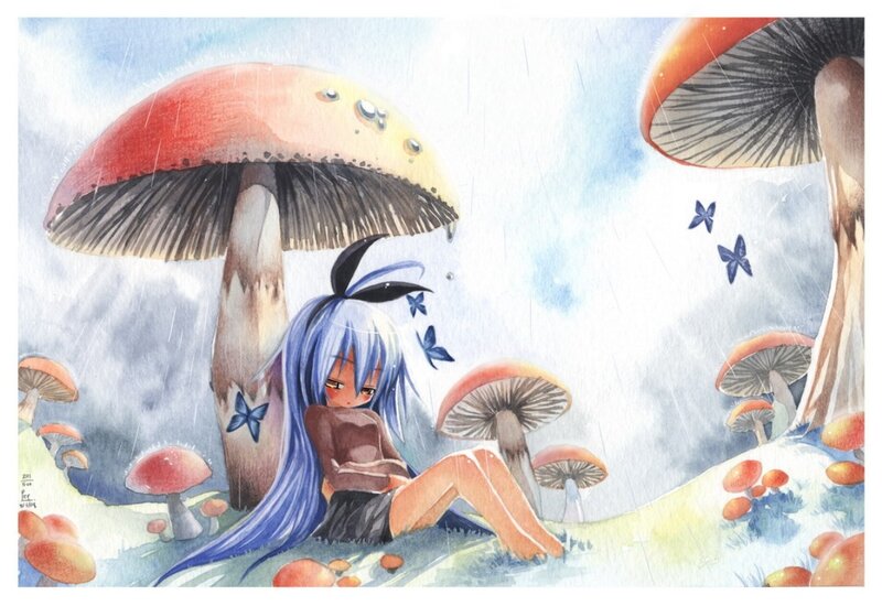 Blue-haired Girl under Mushrooms