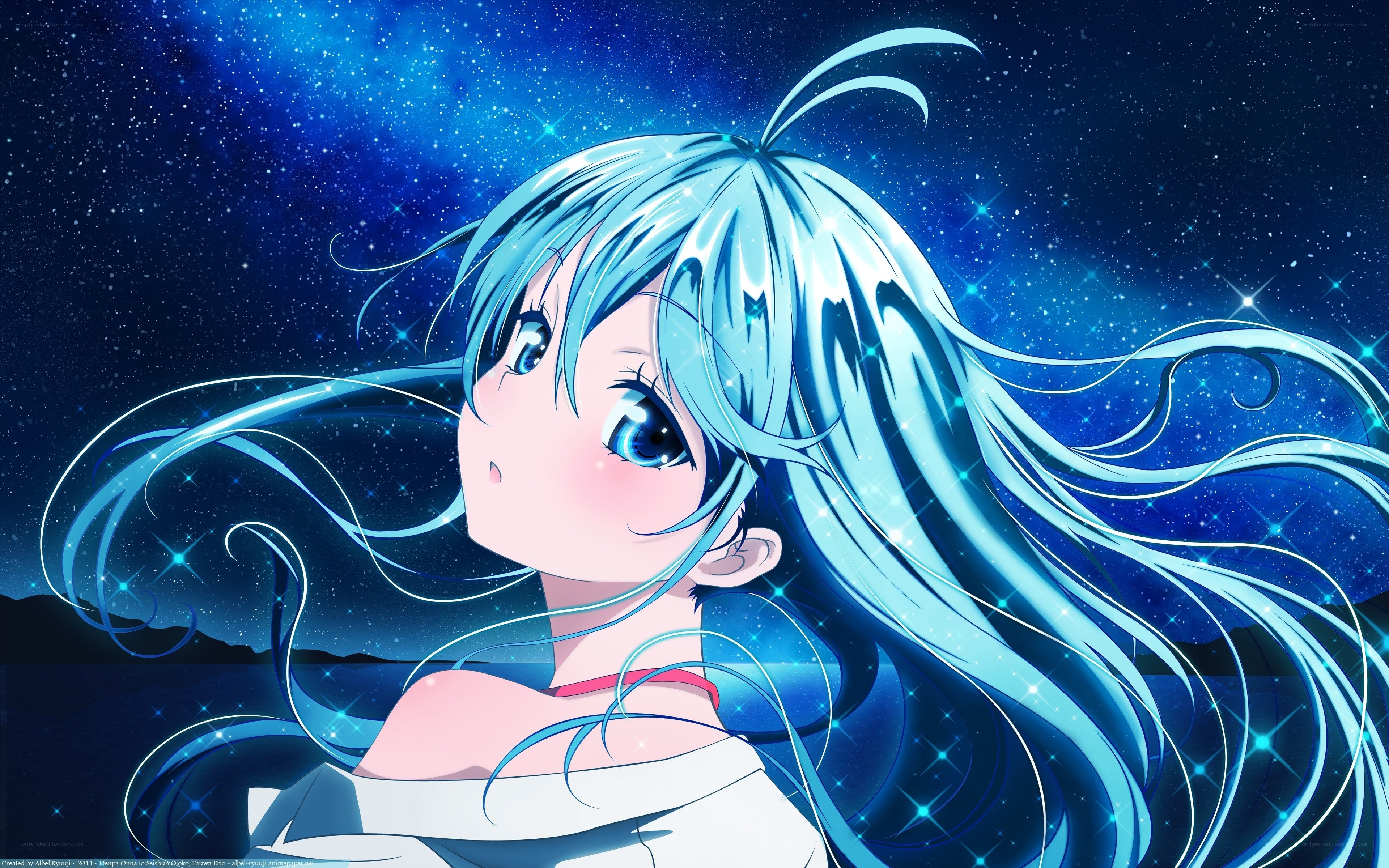 blue-haired girl under stars