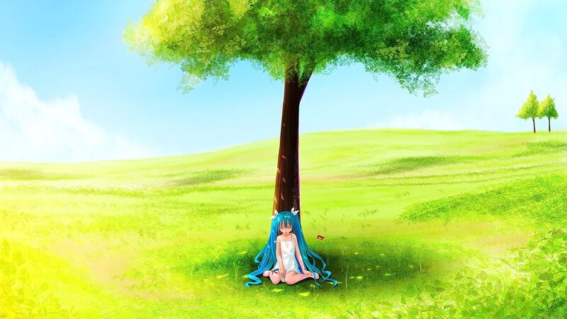 Blue-haired Girl under Tree — Green, Serene, Afternoon, Digital Art, Grass Field, Sky
