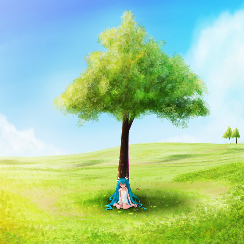 Blue-haired Girl under Tree — Green, Serene, Afternoon, Digital Art, Grass Field