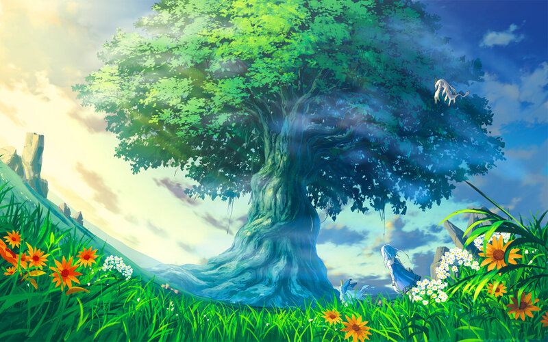Blue-haired Girl under Tree — Green, Serene