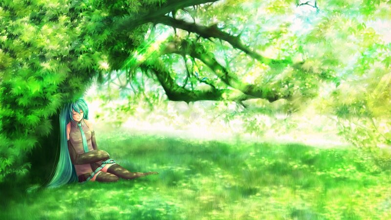 Blue-haired Girl under Tree — Green