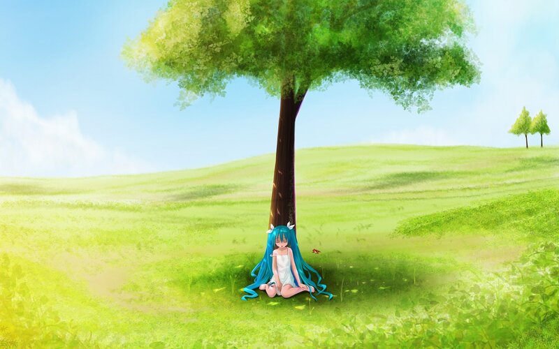 Blue-haired Girl under Tree — Serene