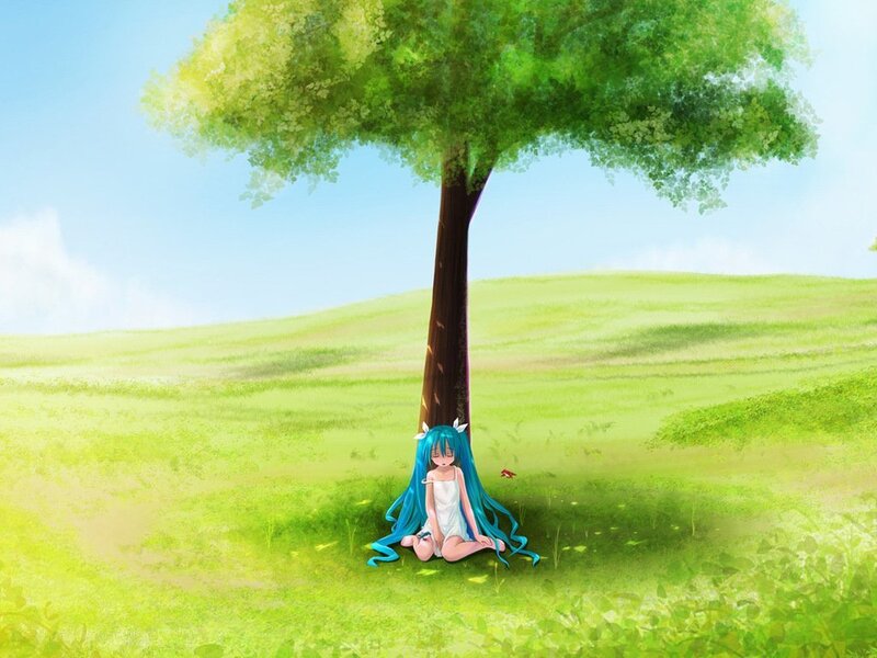Blue-haired Girl under Tree