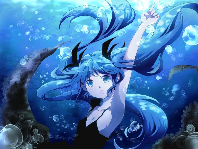 blue-haired girl underwater