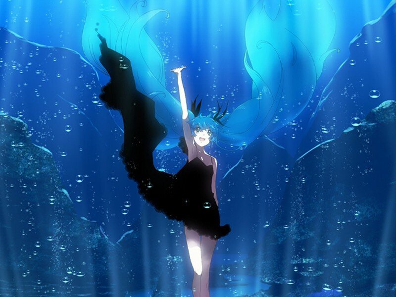 blue-haired girl underwater