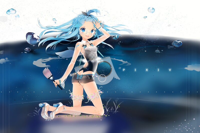 Blue-haired girl underwater