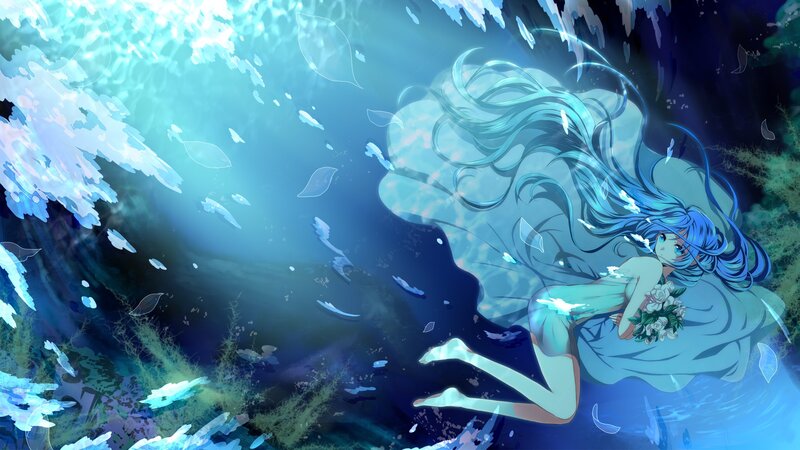 blue-haired girl underwater