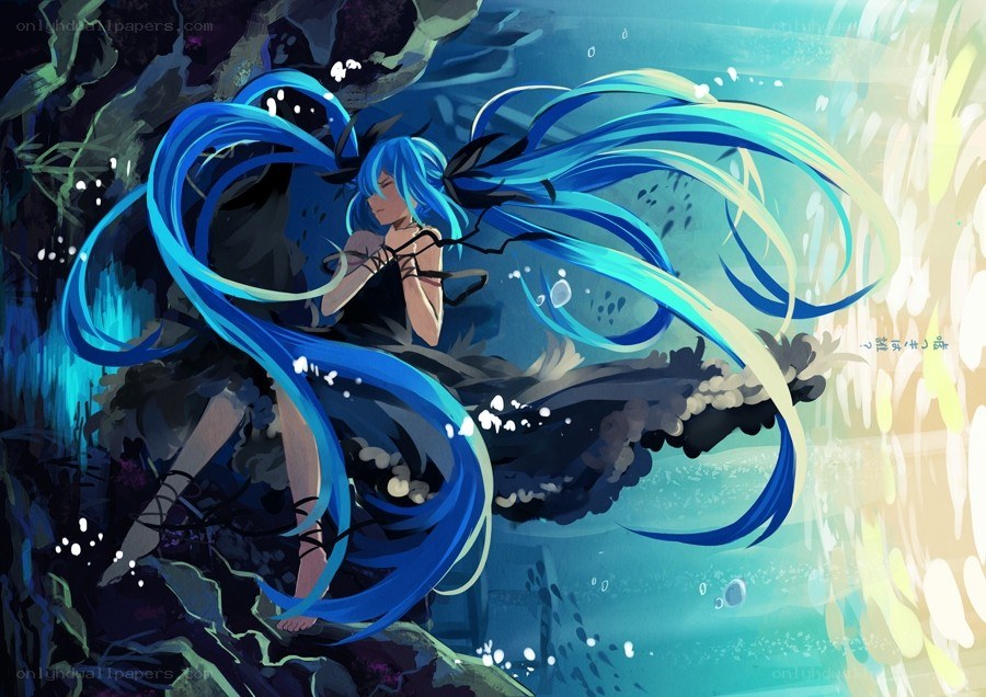 blue-haired girl underwater