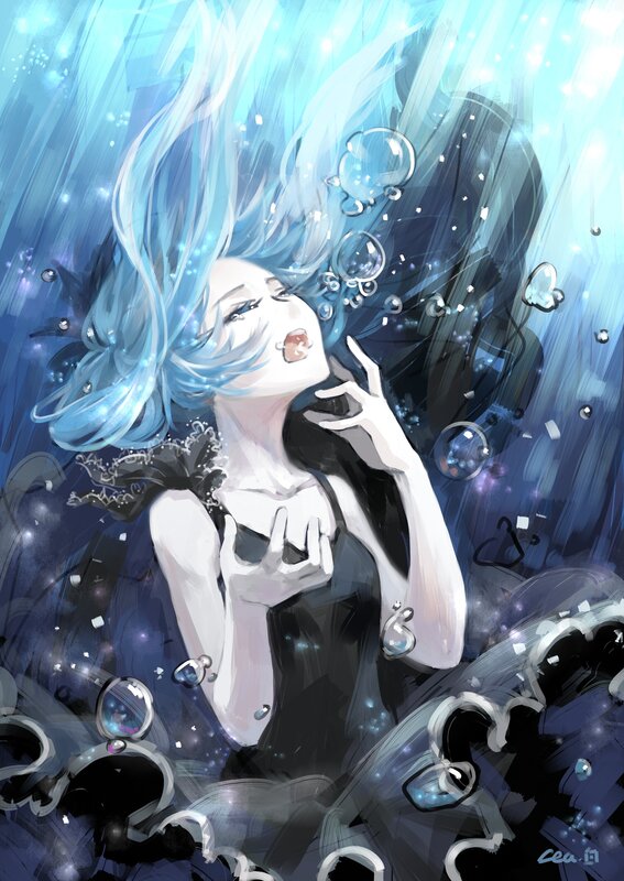 blue-haired girl underwater