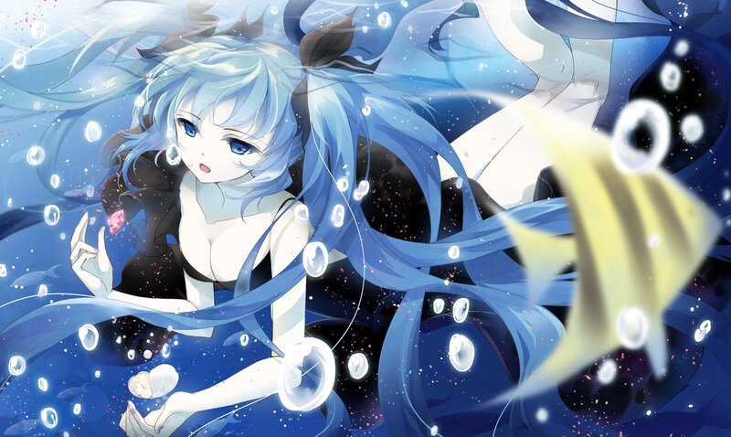 blue-haired girl underwater