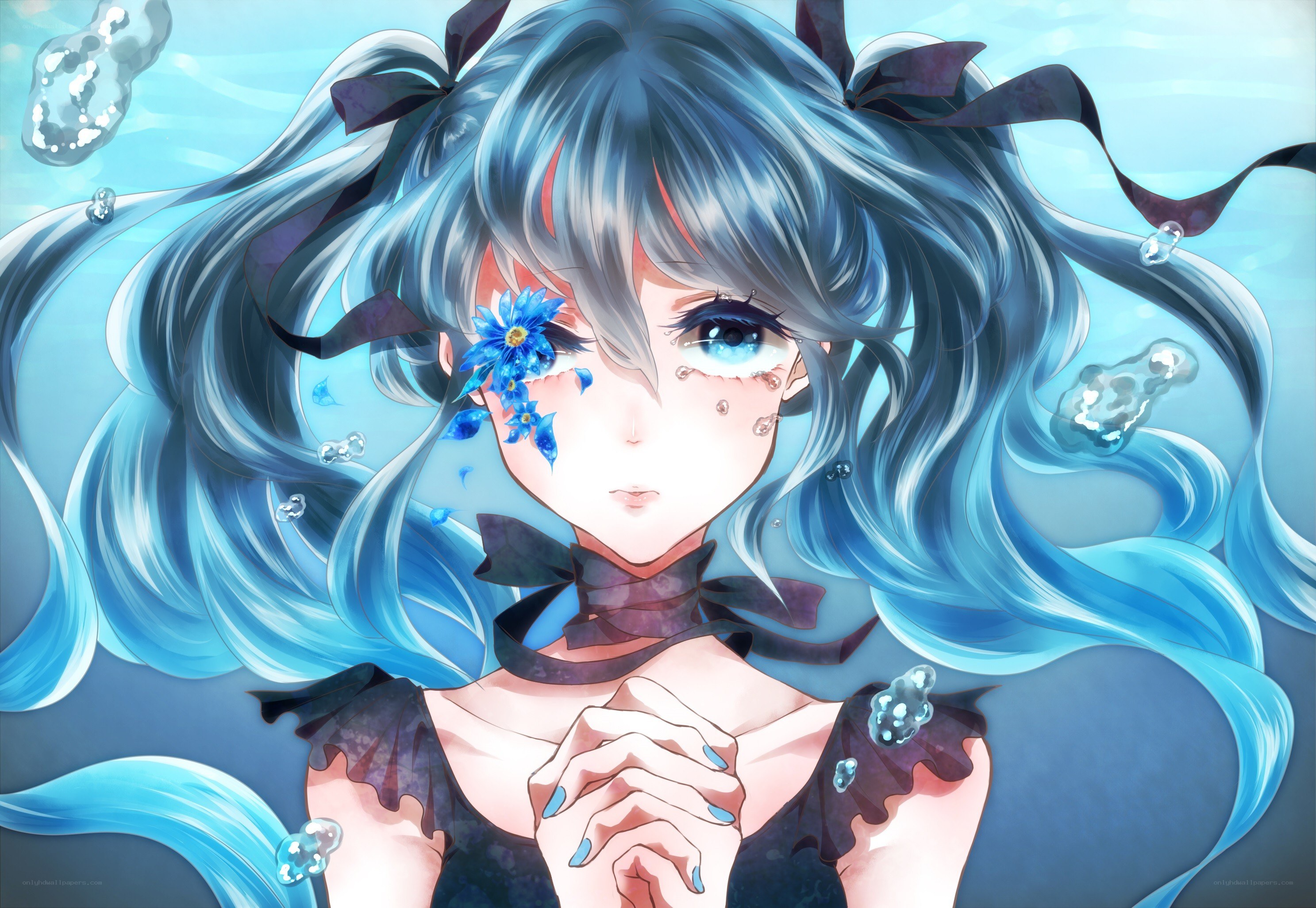 blue-haired girl underwater