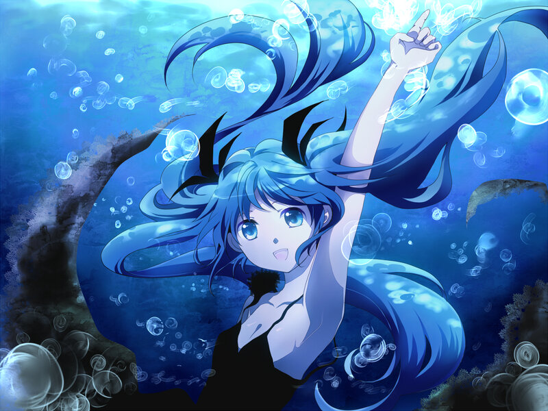 blue-haired girl underwater