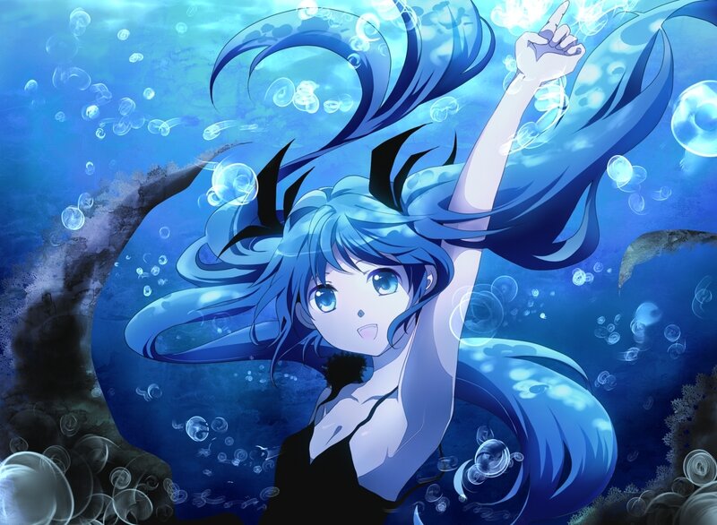 blue-haired girl underwater