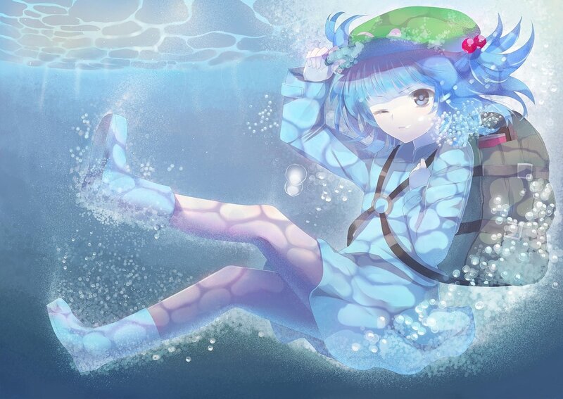 Blue-haired girl underwater