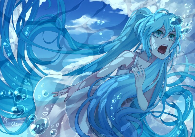 Blue-haired Girl Underwater — Blue, Dramatic, Anime, Bubbles