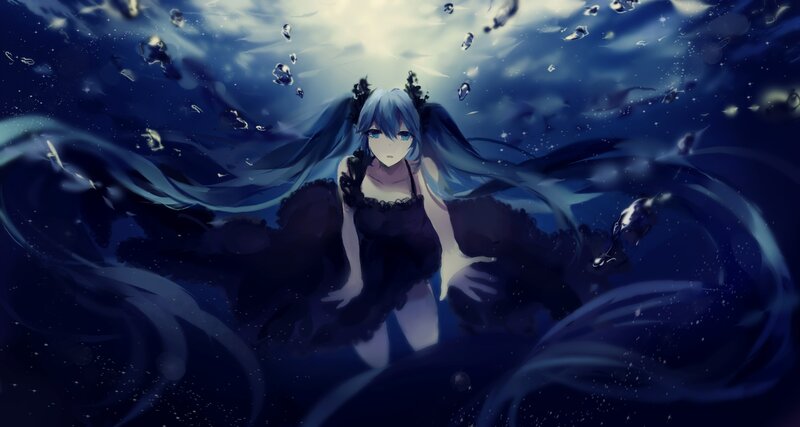 Blue-haired Girl Underwater — Blue, Dramatic, Digital Art, Bubbles