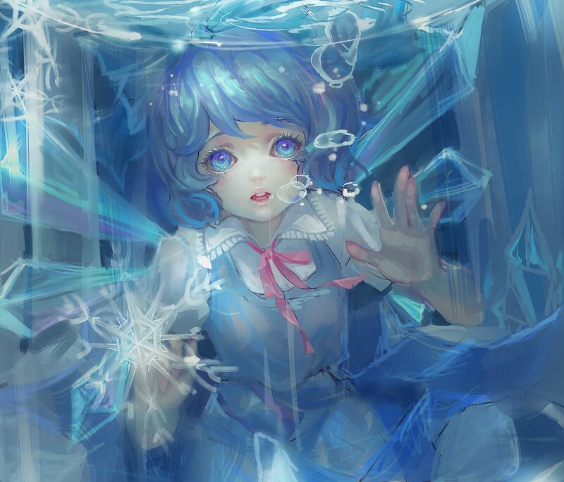 Blue-haired Girl Underwater — Blue, Dramatic, Digital Art