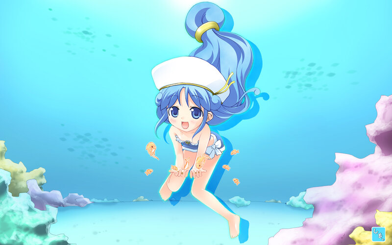 Blue-haired Girl Underwater — Blue, Playful, Anime, Coral